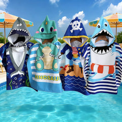 Cartoon Animal Pirate Kids Hooded Towel Poncho - Soft Absorbent Quick Dry Fabric, Machine Washable, Ideal for Beach Swim Pool