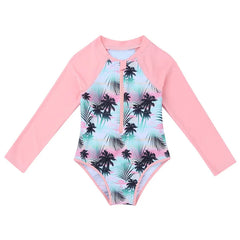 Summer Swimming One-piece Kids Girls Swimsuit Rash Guard Long Sleeves Palm Printed Zippered Bathing Suit Swimwear Beach Wear