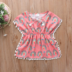 0-5Y Baby Girls Swimwear Cover-up 2026 Summer Leopard Tassel Kids Beach Dress Poncho Swimsuits Bikini Cover Ups Toddler Sundress