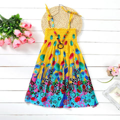 Summer Girls Floral Dress Sling Ruffles Bohemian Beach Princess Dresses for Girl Clothing 2 6 8 12 Years With Necklace Gift