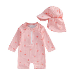 0-24M Newborn Baby Girl Rash Guard Swimsuit Cute Fashionable Striped Bow Printed Long Sleeve Swimwear with Hat