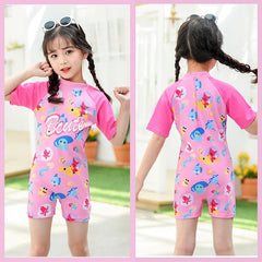 Girls Swimsuits One-Piece Bathing Suits with Hat Summer Beach Water Sport Short Swimsuit with Cartoon Pattern for 2-13 Years Old