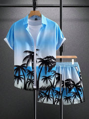 Men's Short-sleeved Shirt Set Blue Ocean Palm Tree Print Hawaiian Seaside Vacation Style Shirt Set