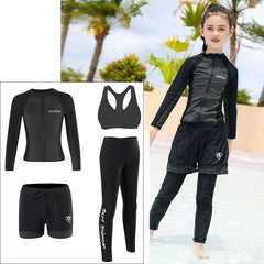 Girls Youth Long Sleeve Swimsuit Four Piece Rash Guard Bathing Suit Zip Tops Long Pants Swimwear Kids Bathing Suit Athletic