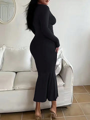 Women's Solid Long Sleeve Bodycon Dress, Chic Basic Minimalist Causual Fashion Scoop Neck Long Dress, Womenswear