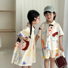 Kids Set Brother And Sister Clothes 2025 Summer New Boy's Two Piece Suit Or Short Sleeve Girl's Graffiti Dress Cartoon Clothes