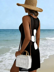 New Style Fashion Floral Knit Dress,Sleeveless Hollow Out Short Beach Cover-Up,Casual Slim-Fitting Dress,Women's Beachwear