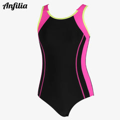 Anfilia Girls One-piece Swimsuit Scoop Neck High Elastic Racerback & Keyhole Modest Leg Cut with Removable Padded Swimwear