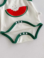 Summer baby cute watermelon style jumpsuit, male and female baby sling thin comfortable jumpsuit hat, suitable for going out