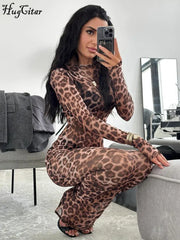 Hugcitar Leopard Print Mesh Long Sleeve Sexy Slim See Through Maxi Dress Fall Women Fashion Outfits Beach Vacation Club