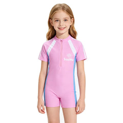 Girls Pink Sporty Striped One Piece Swimwear Summer Short Sleeve Zipper Rash Guard Kids Quick Dry Bathing Suit for Beach
