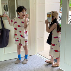 9000 Brother and Sister Clothes Summer New Korean Alphabet Graffiti Girl's Long T-shirt Dress Or Boy's Two Piece Suit