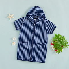 Summer Baby Swim Cover Up Bathing Suit Kids Hooded Towel Infant Boys Girls Short Sleeve Stripes Print Bathing Suit Coverup