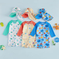 3Pcs Toddler Boy Swimsuit Set Long Sleeve Crew Neck Marine Animal Print Tops Swim Trunks and Hat Rash Guard Bathing Suit