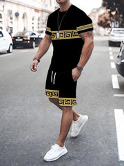 Summer Men's Stripe Print Short Sleeve Tee Elastic waist Shorts 2 Pieces Set Plus Size Loose O-Neck T-shirt Pockets Shorts Set