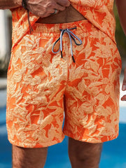 Genlund Men's Burnt Orange Summer 2 Piece Set,Boho Short Sleeve Print Shirt And Shorts,Tropical Vacation Holiday Outfit,Resort