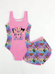 2-Piece K-POP Anime Print Girls Swimsuit & Shorts Set UPF 50+ UV Protection Summer Beach Swimwear