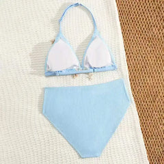 2026 Solid Girls Swimsuit Halter Triangle Bikinis Kids Swimwear Female Children's Bathers Bathing Swimming Swim Suit 8-12Y