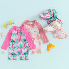 Tregren 0-3Y Toddler Girls Rash Guard Swimsuit with Swim Cap Long Sleeve Floral/Tropical Tree Print Zip Up Swimwear Bathing Suit