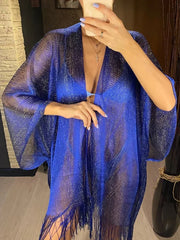 Sexy Fringe Tassel Sheer Knitted Beach Cover Up Dress Shiny Mesh Tunic for Women Swimwear Mesh Cover Lightweight Beach Dress