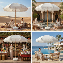 Portable White Umbrella with Tassel Design Reversible Outdoor Sunshade for Courtyard Beach Vacation without Base