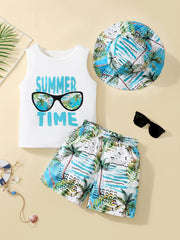 Summer 4-7 Years Old Cool Boys Sleeveless Top And Hawaiian Printed Shorts Casual 3-Piece Set With Hat