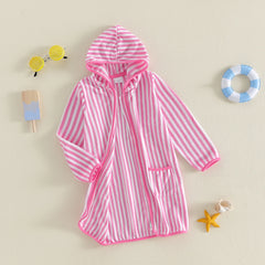 1-6Y Kids Bath Robes Towel Long Sleeve Front Zipper Striped Surf Poncho Swimming Outerwear for Boys Girls Beach Cover-ups
