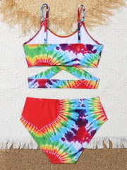 Girls Two Pieces Tie Dye Heart Print Bikini Kids Cross Wrap High Waist Swimsuit 7-12 Years Children's Bathing Suit Teens Pink