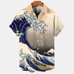 Japanese Sea Ocean Wave Graphic Shirt Men Kids 3D Print Vintage Hawaiian Beach Shirts Short Sleeve Women Lapel Tops Clothing