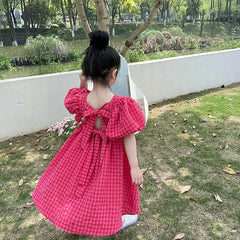 2025 New Children's Dress Girls' Summer Korean Edition Fashion Bubble Sleeves Checkered Strap backless Dress 1-6Y