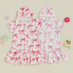 Children Baby Girls Swim Coverups Summer Beachwear Bow Print Short Sleeve Hooded Bathrobe Absorbent Dress Zip-Up Robe Towel
