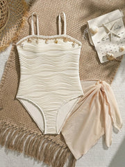 Kids Girls 2-Piece Seashell Starfish Decor Wavy Textured One Piece Swimsuit & Sheer Beach Sarong Cover Up Set