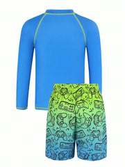 Boy Kids Swimsuit 2026 New Solid Print Long Sleeves Children Swimwear Summer Two Piece Beach Shorts Beach Bathing Suit Swimming