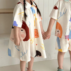 Kids Set Brother And Sister Clothes 2025 Summer New Boy's Two Piece Suit Or Short Sleeve Girl's Graffiti Dress Cartoon Clothes