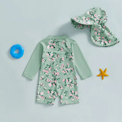 Toddler Children Baby Girl Long Sleeve Swimsuit Floral Print Half Zipper Non-Pilling Rash Guard Swimwear Sunhat Sets