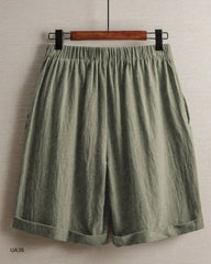 2026 summer new cotton and linen five-piece pants women's high-waisted elastic waist button shorts loose casual shorts
