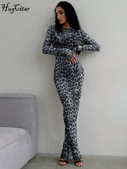 Hugcitar Leopard Print Mesh Long Sleeve Sexy Slim See Through Maxi Dress Fall Women Fashion Outfits Beach Vacation Club