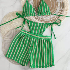 2026 new style boxer shorts mesh three-piece women's swimsuit neck lace-up bikini set