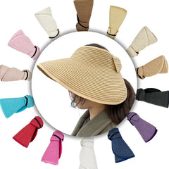 New Women Summer Visors Hat Foldable Wide Large Brim Bowknot Empty Top Straw Hats chapeau femme Beach UV Protection Caps
