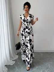 Ladies' Elegant Black and White Floral Print V-Neck Elastic Drawstring Waist Cinching A-Line Vacation Dress