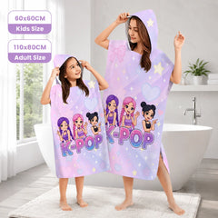 K-Pop Style Hooded Poncho Towel for Kids Adults Flat Print Purple Idol Cartoon Girls Bath Robe Beach Changing Towel Wrap