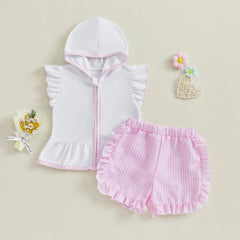 MISOWMNJOY Children Girls Beach Clothes Set Cute Flying Sleeve Zipper Hood Tops with Ruffled Plaid Shorts Summer Toddler Outfits