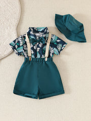 Baby boy spring and summer beach vacation set with maple leaf print top, short sleeves, shorts, hat, and belt – 4 pieces