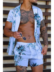 Hawaiian Plants Multicolor Print Men's Shirt and Shorts Two Piece Set Casual Vacation Men's Shirt Set Short Sleeve Button Shirt