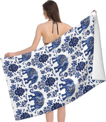 Blue Elephant Beach Towel,Microfiber Quick Dry Asian Floral Flower Boho Bath Towels, Soft Lightweight Oversized Sand Free, for
