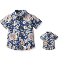 Boy Hawaiian Flower Shirt Lapel Short Sleeve Father Kid Shredded Casual Cardigan Parent Child Clothe Button Summer Beach Blouse