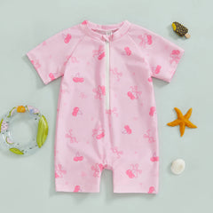 Summer Toddler Baby Girl Short Sleeve Swimwear Bathing Suit Infant Rash Guard Swimsuit Kids Cherry/Bow Print Zipper Beachwear