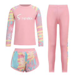 Kids Girls Swimsuit Rash Guard 3Pcs Sunsuit Outfit Long Sleeve Floral Tops Shorts Legging Child Sun Protection Pool Swimwear Set