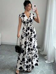 Ladies' Elegant Black and White Floral Print V-Neck Elastic Drawstring Waist Cinching A-Line Vacation Dress