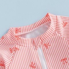 0-24M Newborn Baby Girl Rash Guard Swimsuit Cute Fashionable Striped Bow Printed Long Sleeve Swimwear with Hat